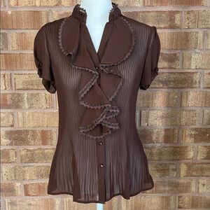 Romantic Sheer Blouse with Ruffle and Lace Details. Size Medium.
